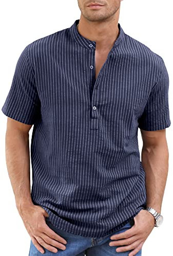Mens Linen Shirts Casual Cotton Henley Neck Striped Shirt Summer Short Sleeve Shirts Navy XXL