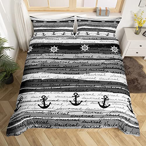 richhome Navigation Anker Kompass Bettwäsche Set 135x200,Graue Streifen Graffiti Bettbezug Bettbezug Set, Vintage Maritime Abenteuer Bettwäsche Quilt Cover Set