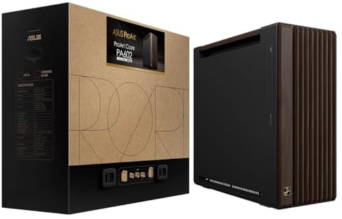 ASUS ProArt PA602 Wood Ed. Modern Black Tempered Glass Panel PC-Gehäuse | E-ATX, GPU-Unterstützung für bis 440mm, 420mm-Radiatorunterstützung, ein 140mm- und zwei 200mm-Systemlüfter