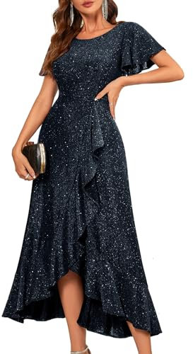 Berylove Women's Sequins Formal Party Dresses Flutter Short Sleeve Wedding Dresses Long Evening Gowns Sparkling Prom Dresses Darkblue