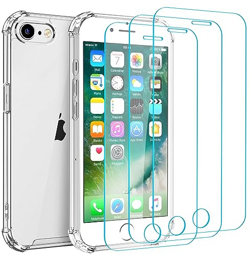 Whioltl Compatible con iPhone 7 und iPhone 8 Funda, 3 Pack Protector de Pantalla iPhone se Cristal Templado, Transparente TPU Silicona Funda con Cristal Vidrio Templado y Carcasa,Case Cover