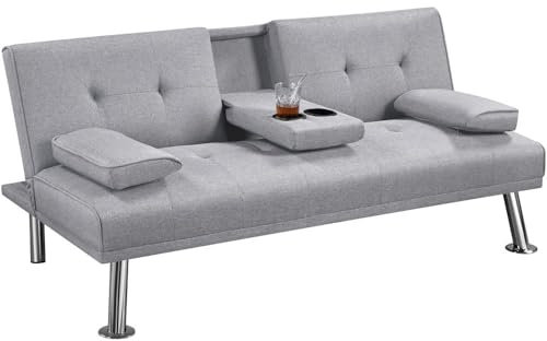 Yaheetech Fabric Click Clack Sofa Bed 3 Seater Sofa Couch Living Room/Spare Room/Guest Room Bed Settee with Cup Holders, Light Gray Fabric