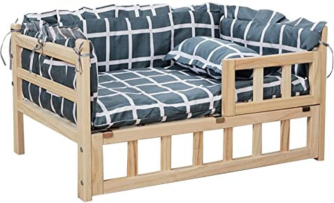 Hundebett Grau Kariertes Hochbett für Hunde mit Matratze ＆ Kissen, Große Orthopädische Relief-Haustiercouch aus Holz mit Zaun, für Zuhause, Outdoor, Hof ( Color : Style2 , Size : M-74x49x38cm/29x19x15