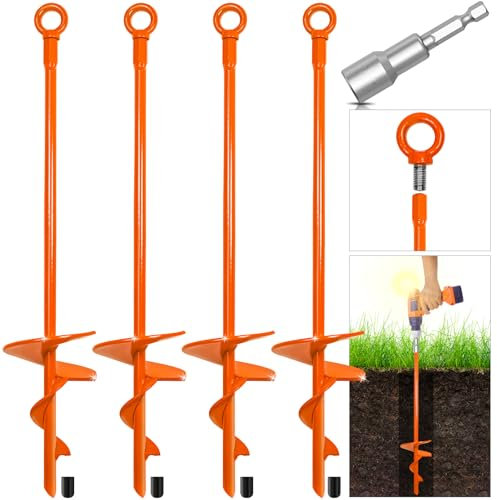 15 Upgraded Earth Ground Anchor,4 Pack Spiral Earth Anchors for Trampoline,Shed Anchor Swing Set for High Winds,Heavy Duty Earth Anchors for Tents,Canopies,Adapter IncludedQ