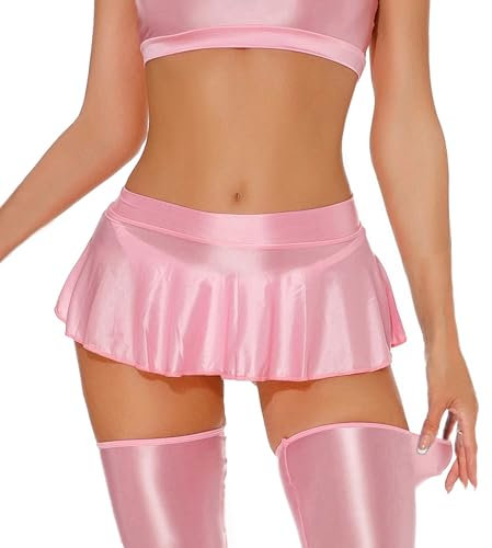 Maeau - Minijupe Femmes Jupe Courte Plissée Métallique Brillante Effet mouillé Minijupe Ultra-Fine Élastique - Rose - M
