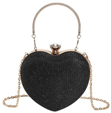 RPAEOY Damen Clutch Glitzer Herz Abendtasche EleganteBrauttasche Handtasche Umhäng Tasche Crossbody Kettentasche für Abschlussball Hochzeit Party Schwarz