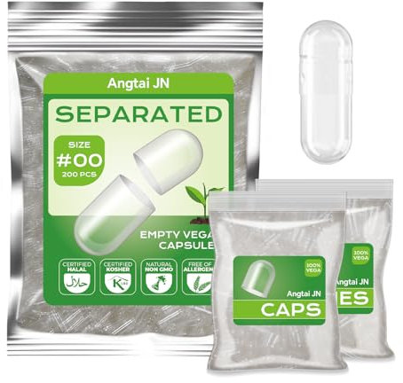 Angtai JN Capsules Vides Végétales Séparées Taille 00 (200 unités), Gélules vides à Remplir, Compatible avec la Machine de Remplissage de Capsules 00