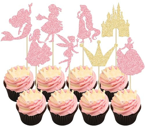 Ephlyn 24Pcs Mermaid Princess Cupcake Toppers Glitter Castle Girl Birthday Cupcake Picks for Mermaid Theme Baby Shower Girl Party Supplies Pink