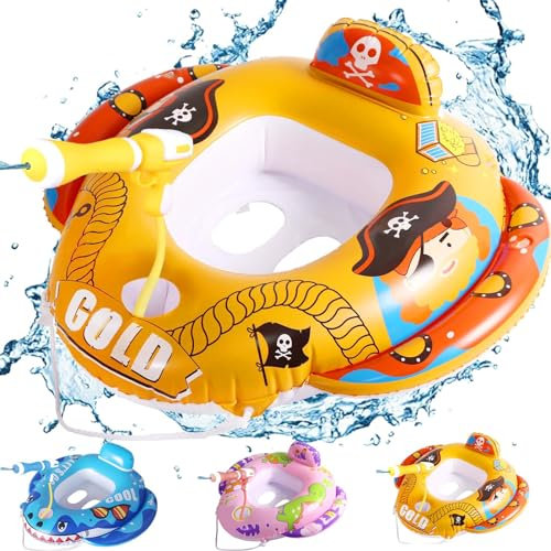 Bouee Bébé Apporter Pistolet à Eau, Siège De Piscine, Bebe bouee pour Gonflable, Enfants Anneau de Natation Navire Pirate, Gonflable Flotteur Entraîneur de Natation pour Enfants 3-8 Ans