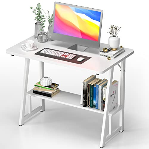 OXFENSEE Mesa Ordenador con Conejera, 80x50cm Escritorio de Escritorio, Doble Conejera Mesa de Escritorio, Escritorio pequeño Moderno, Hogar, Oficina, Salón(Blanco)