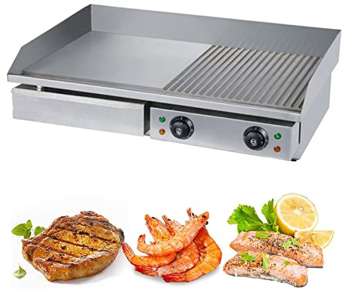 Plancha Eléctrica Comercial Placa Calefactora Media Plana De Acero Inoxidable Barbacoa Placa Calefactora Grande De 728X400 Mm, Con Control Termostático, Plancha De Cocina Para Encimera De 50-300 ℃ Pa