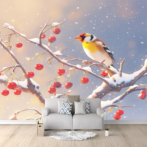 Animal Birds Premium Feature Non-Woven Fleece Gingko Tree Red Fruit Photo Wallpaper Farmhouse Teenager Adult Bedroom Wall Mural Home Poster Decoration 300 x 210 cm Photo Mural