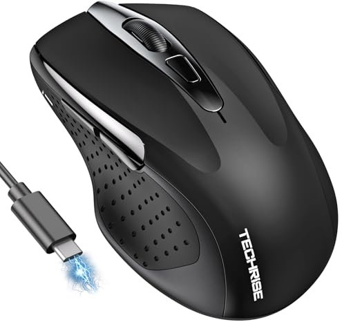 TechRise Wireless Mouse, Rechargeable Bluetooth Mouse (BT5.0/3.0 & 2.4G), 4800DPI Adjustable, 6-Button Silent Computer Mouse, Ergonomic Wireless Mouse for Laptop PC Mac, Black