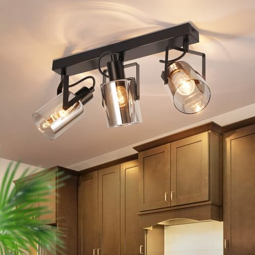 CBJKTX Deckenstrahler Schwarz Deckenspots 3 Flammig - 350° Schwenkbar Deckenlampe E14 Spots Glas Deckenleuchte Strahler Rauchgrau Modern küchenlampe für Flur Küche Wohnzimmer(Ohne Lichtquelle)