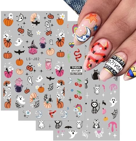 Halloween Nail Art Stickers,12 Sheets Cartoon Pumpkins Ghost Bat Cat Spider Web Nail Art Stickers Self Adhesive,Halloween Nail Supplies Accessories for Nail Art Design Decoration