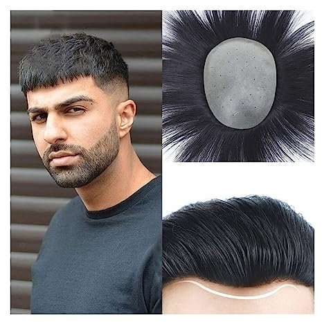 Haarersatzsystem für Männer Toupet for Männer, dünne Haut, V-förmige PU-Basis, Haarteile for Männer, glattes Echthaar, Herren-Toupet, natürliches schwarzes Haarersatzsystem Herrentoupet(18x24cm)