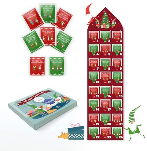 ACORUS Tee Adventskalender 2024 Elfin - Weihnachtstee Einzeln Verpackt - Adventskalender Tee Set mit 8 Geschmacksrichtungen - Tee Weihnachtskalender 24 Teebeutel für den Weihnachts-Countdown