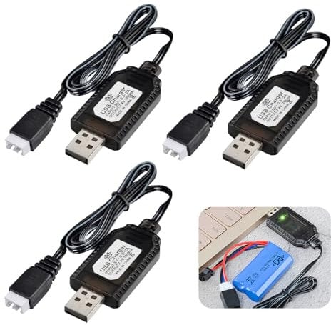 3PCS 7.4V USB Charger Cable Rc Car Charger with XH-3PIN Plug Compatible RC Car/Plane/Tank/Boat and Other Remote Control Toys for Universal 7.4V Lipo Battery USB Charger with Battery Protection