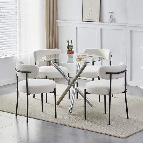 Moderno juego de mesa de comedor redonda de cristal con 4 sillas de terciopelo gris, perfecto para espacios pequeños en casa, oficina, restaurante o área de recepción, incluye 4 sillas tapizadas de