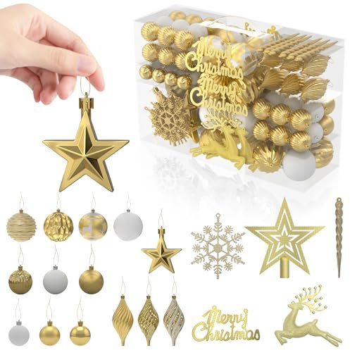 NAIZY Weihnachtskugeln 108er Set Kunststoff Christbaumkugeln inkl. Sterne, Schneeflocken und Rentiere glänzend mit Glitzer, Ø 3, 4 & 6 cm Plastikkugeln Weihnachtsbaumkugeln, inkl. Haken (Gold)