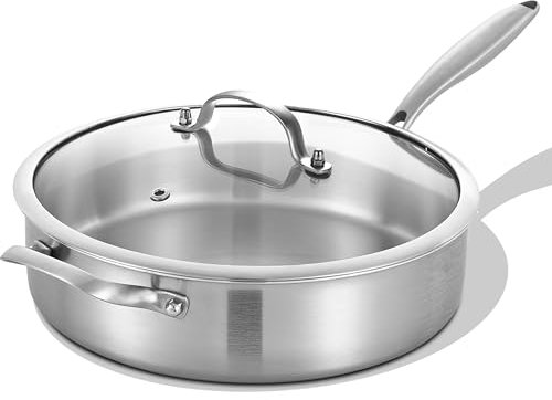 LOLYKITCH Sauteuse en acier inoxydable triple épaisseur de 5 litres avec couvercle, poêle à frire de 30,5 cm de profondeur, grande cuisinière, poêle à induction, passe au lave-vaisselle et au four,