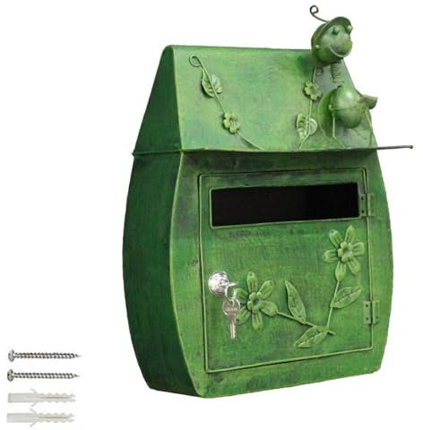 LYUCAYHQ Postkasten aus Metall im Retro-Stil, Briefkästen für Draußen, Brifkasten zur Wandmontage, Dekoration mit Cartoon-Tieren und Blumenmuster(Green)