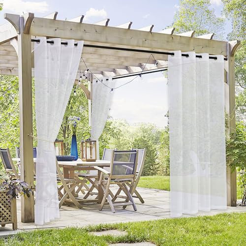PONY DANCE Outdoor Gardinen Weiss Transparent Outdoorvorhang mit Ösen Pavillon und Terrasse Vorhänge Wasserdicht Balkon Vorhang Leinenoptik, 2 Stücke H 274 x B 137 cm