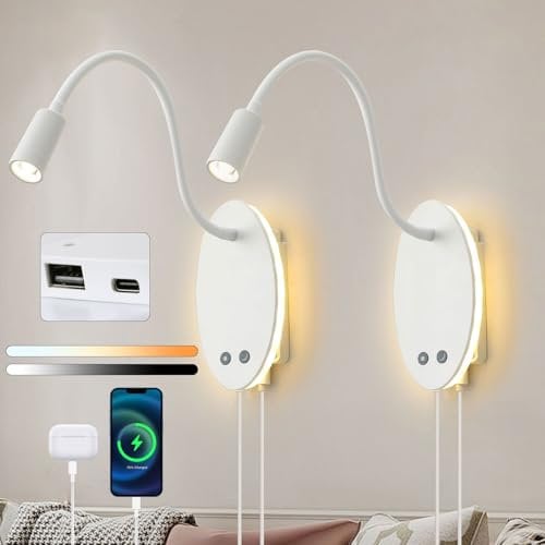 Winverty 2 lámparas de cama LED de pared, lámpara de lectura, montaje en pared, batería con interruptor, regulable y puerto de carga USB, lámpara de lectura flexible para dormitorio, mesita de noche