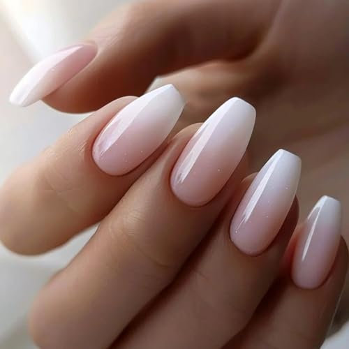 24 PCS Gradient French False Nails - Medium Length - French False Nails - White Pink Fake Nails with Glue - Reusable Glossy Full Cover Stick on Nails for Women Girls