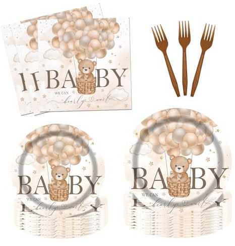 Fitumiw 96Pcs Bear Baby Shower Party Tableware Supplies Bear Plates and Napkins We Can Bearly Wait Party Set Baby Shower Decorations for Boy Serve 24 Guests (Brown)