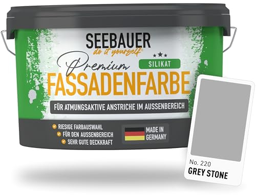SEEBAUER diy Silikat-Fassadenfarbe Grau 5L für Außen (No. 220 Grey Stone) Atmungsaktive Mineralfarbe für Fassaden - Geeignet für Putz, Mauerwerk und Beton