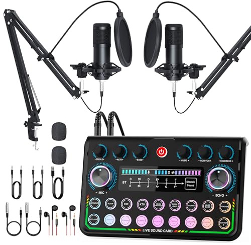 Podcast Equipment Bundle for 2, Audio Interface with Studio Condenser Microphone for Gamer, Audio Mixer with Voice Changer Podcast Microphone for Podcasting, Recording, Singing, Streaming and Gaming