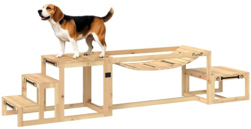 PawHut Dog Agility Equipment 3 Pieces Wooden Dog Agility Set Natural Wood | Soft Bridge, Pause Platform, Pet Stair for Outdoor