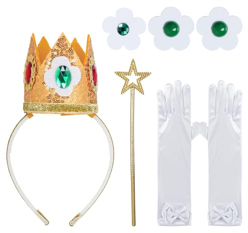 Werownsgso 5 Stück Prinzessin Peach Kostüm Zubehör Prinzessin Peach Krone Ohrringe Handschuhe Brosche Zauberstab Dress up Kit Mädchen Princess Kostüm für Geburtstage Halloween Karneval