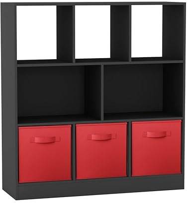 URBNLIVING Asymmetrical 8-Cube Bookcase Shelf – Black Storage Unit with 3 Fabric Drawers, Modern Display Organizer for Home or Office - Red