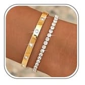 Diamday Bracciali Donna Oro Bracciale Rigido Acciaio Inossidabile Bracciale Tennis Zirconi Regolabile Set Braccialetti Impilabile Bracciali Gioiello Regalo Donna Elegante