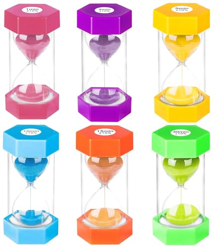 Zorplex 6 Stück Sanduhren Set, Bunte Sanduhren für Kinder und Erwachsene, 1/3/5/10/15/30 Minuten Zeitmesser für Küche, Lernen, Spiele, Büro und Zuhause