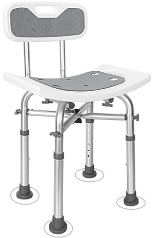 OUUTMEE Silla de ducha con respaldo, 6 niveles de altura regulable: 65 – 77 cm, silla de ducha para personas mayores con pies antideslizantes, capacidad de carga máxima 136 kg (gris)