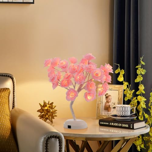 Fyearfly Künstliche Rose Baum Lampe, 32 Rosa Rosen LED Nachtlicht, Kreative Romantische Dekoration für Schlafzimmer Wohnzimmer Valentinstag Geschenk