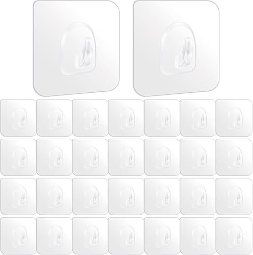 YUANQIAN Adhesive Hooks for Hanging, 22lb Heavy Duty Wall Hooks, Clear Plastic Sticky Utility Hook for Bathroom Kitchen Wall Door Metal, Tiles, Wood, Ceramic to Make Garland,30 Pack