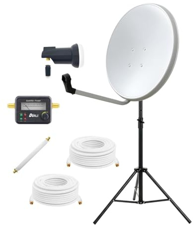 ARLI 60 cm SAT Anlage weiß lichtgrau mit Single LNB Stativ Satfinder 3m + 7m Kabel Fensterdurchführung Satellitenschüssel Camping Balkon Garten Terrasse Wohnmobil Antennenstativ Ständer Heringen Set