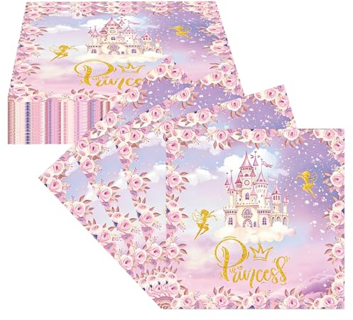 Ovanda Schloss Prinzessin Schmetterling Feen Geburtstag Deko Servietten, 20 Stück 33 x 33 cm Rosa Fee Papierservietten, Schloss Prinzessin Lila Servietten Schmetterling, Rapunzel Geburtstag Deko