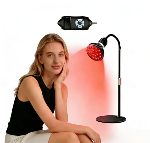 Warmforwel Red Light Lamp with 660nm & 850nm Wavelengths, 18 LEDs 54W, Adjustable Brightness & Timer, Flexible Stand & Base, with Goggles, for Face Neck Back Body Use, Home Office Essential