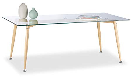Relaxdays Mesa Centro de Cristal con Patas Efecto Madera, Vidrio Templado y Metal, Transparente-marrón, 45 x 120 x 60 cm