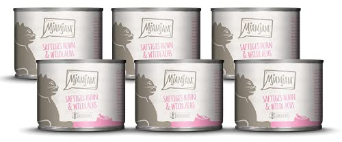 MjAMjAM - Premium Nassfutter für Katzen - saftiges Huhn und Wildlachs, 6er Pack (6 x 200 g), getreidefrei mit extra viel Fleisch