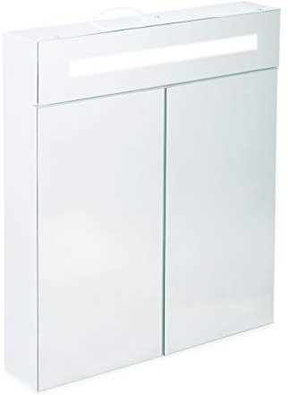 Relaxdays LED Spiegelschrank, 2 Türen, 3 Fächer, Steckdose, LED-Wandschrank, Stahl, H x B x T: 67 x 60 x 12 cm, weiß