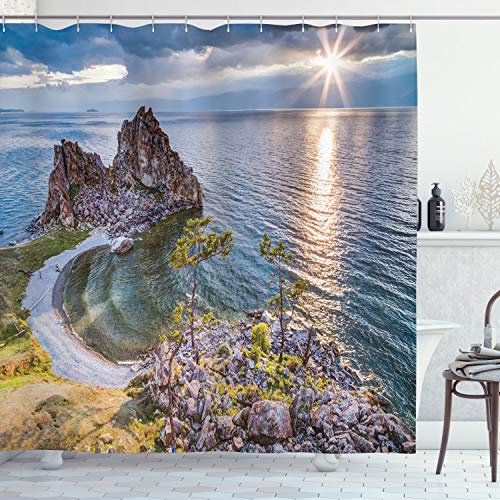 ABAKUHAUS Reise Duschvorhang, Schamane Rock Russland, Stoffliches Gewebe Badezimmerdekorationsset mit Haken, 175 x 220 cm, Grün Braun Blau