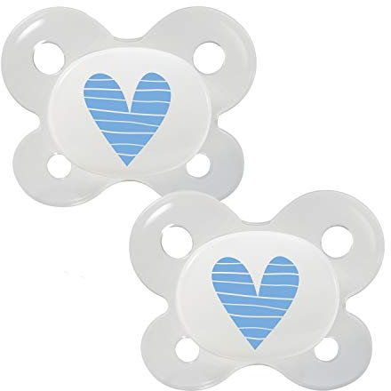 Dentistar® Silikon Schnuller 2er-Set – Größe 0 für 0-2 Monate – Zahn- & kieferfreundlicher Silikonschnuller mit Dental-Stufe – Blau mit Herz-Motiv – BPA-frei – Made in Germany