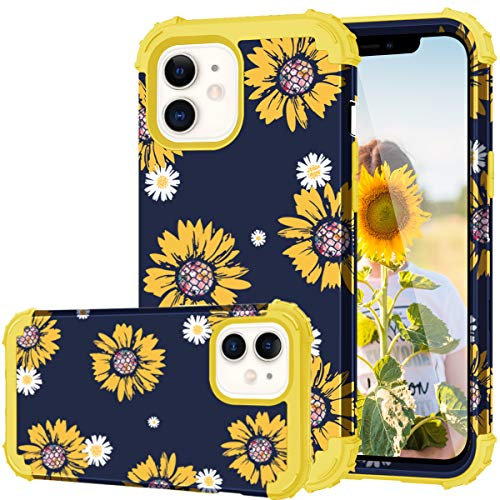 Fingic iPhone 12 Mini Case, Sunflower 3 in 1 Heavy Duty Hybrid Design, Shockproof, Anti-Scratch, Rugged Bumper, Yellow & Navy Blue