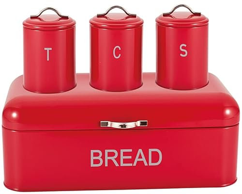 Stainless Steel 4pc Bread Bin Set Kitchen Tea Sugar Coffee Jar Bin Canister (RED)